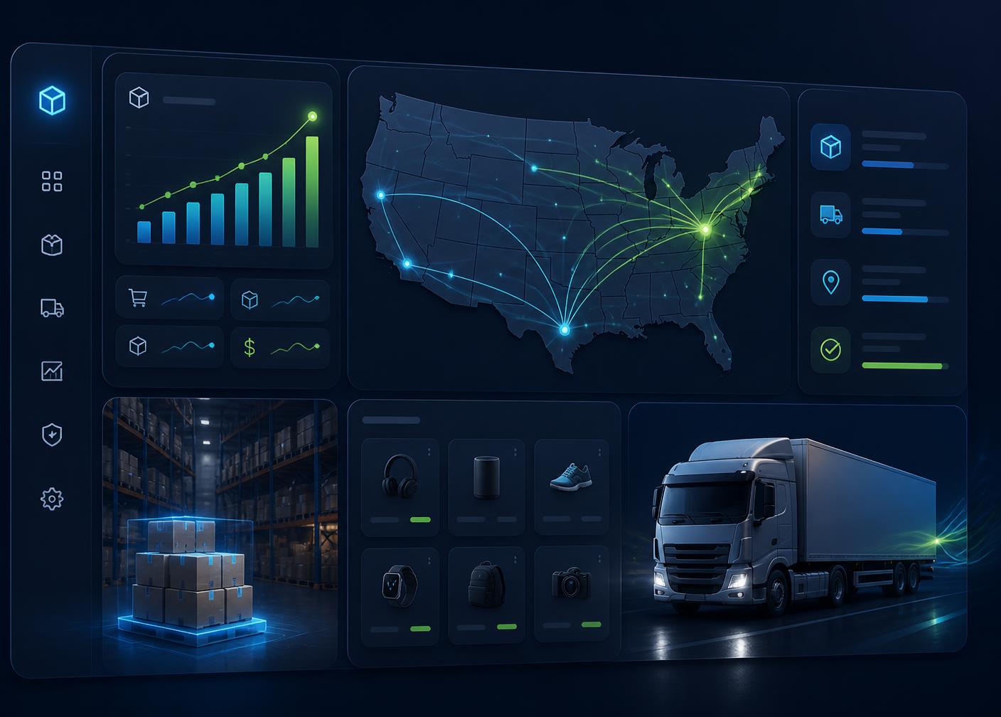 Aurium Launch IN warehouse dashboard showing US shipping routes, live order analytics, and same-day fulfillment